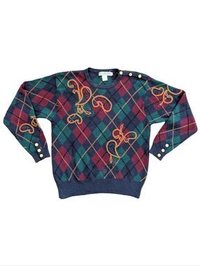JH Collectibles Womens Navy Gold Vintage 80s Argyle Lambswool Angora Sweater M